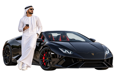 UAE resident with a black Lamborghini Huracán rental car in Dubai