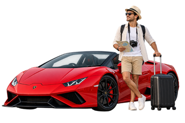Tourist with luggage next to a red Lamborghini Huracán rental car in Dubai