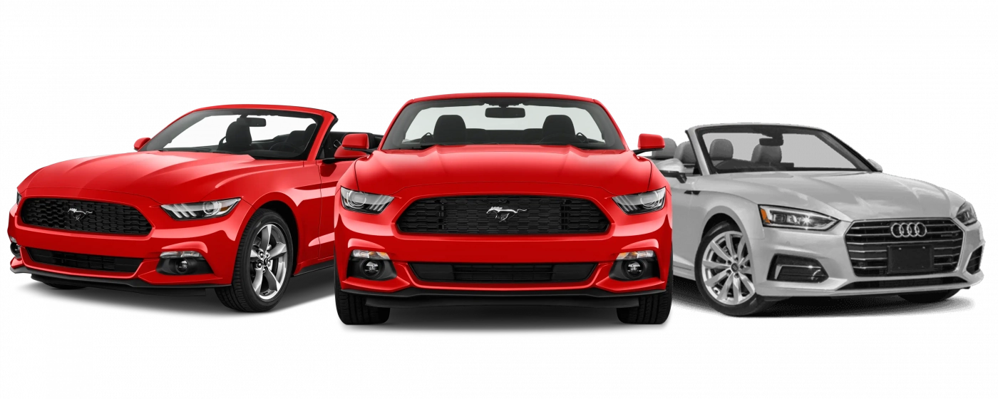 Red Ford Mustang and silver Audi A5 convertibles for rent in Dubai